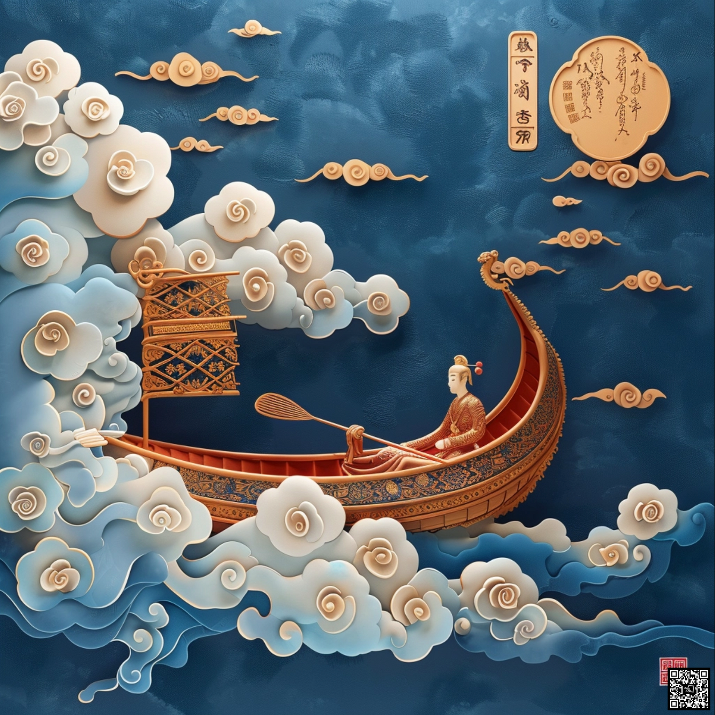 Chinese illustration of canoe on blue background