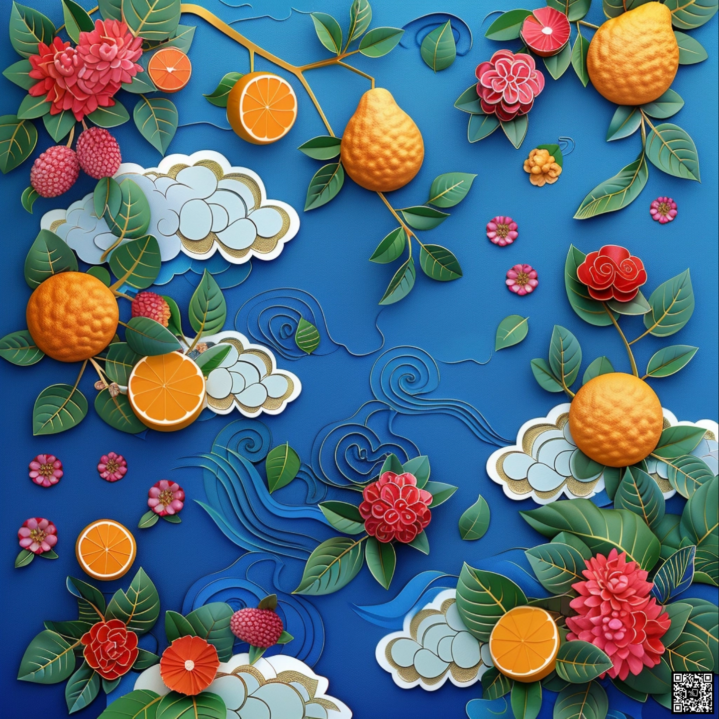 Chinese illustration of fruits on blue background