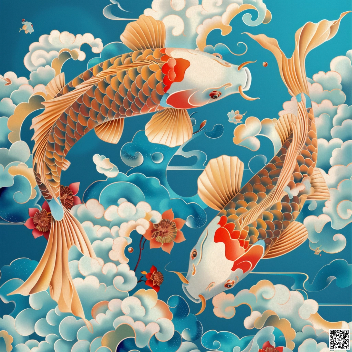 Chinese illustration of goldfish animal on blue background