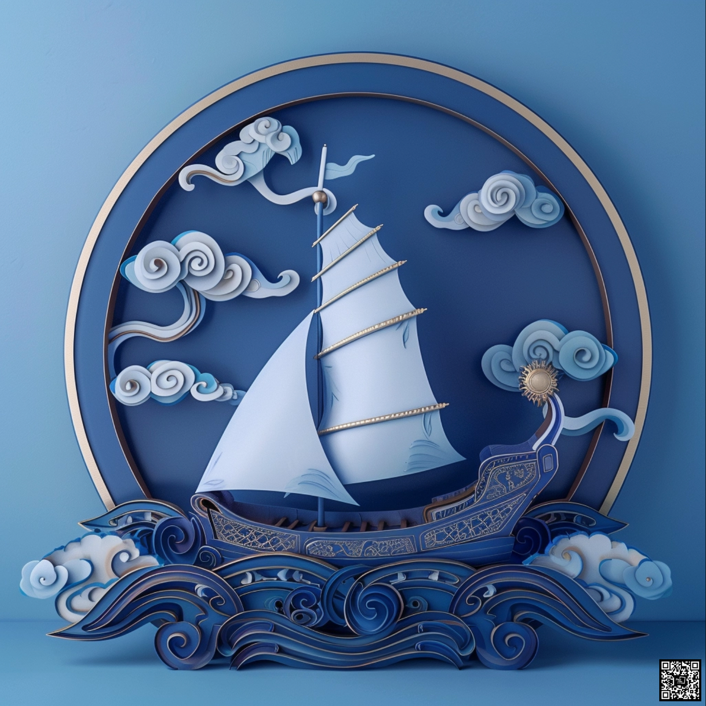 Chinese illustration of sailboat on blue background