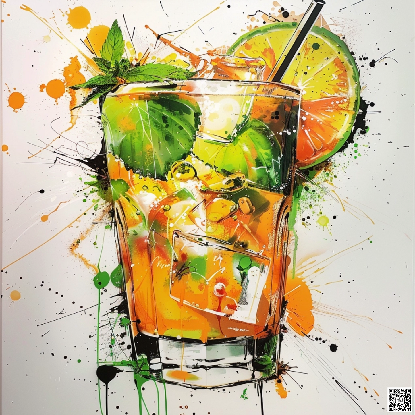 Graffiti art of cartoon mojito drink elaborate acrylic spray paint by Yoji Shinkawa Nick Edwards style with bold brushstrokes romantic glazing orange green yellow white