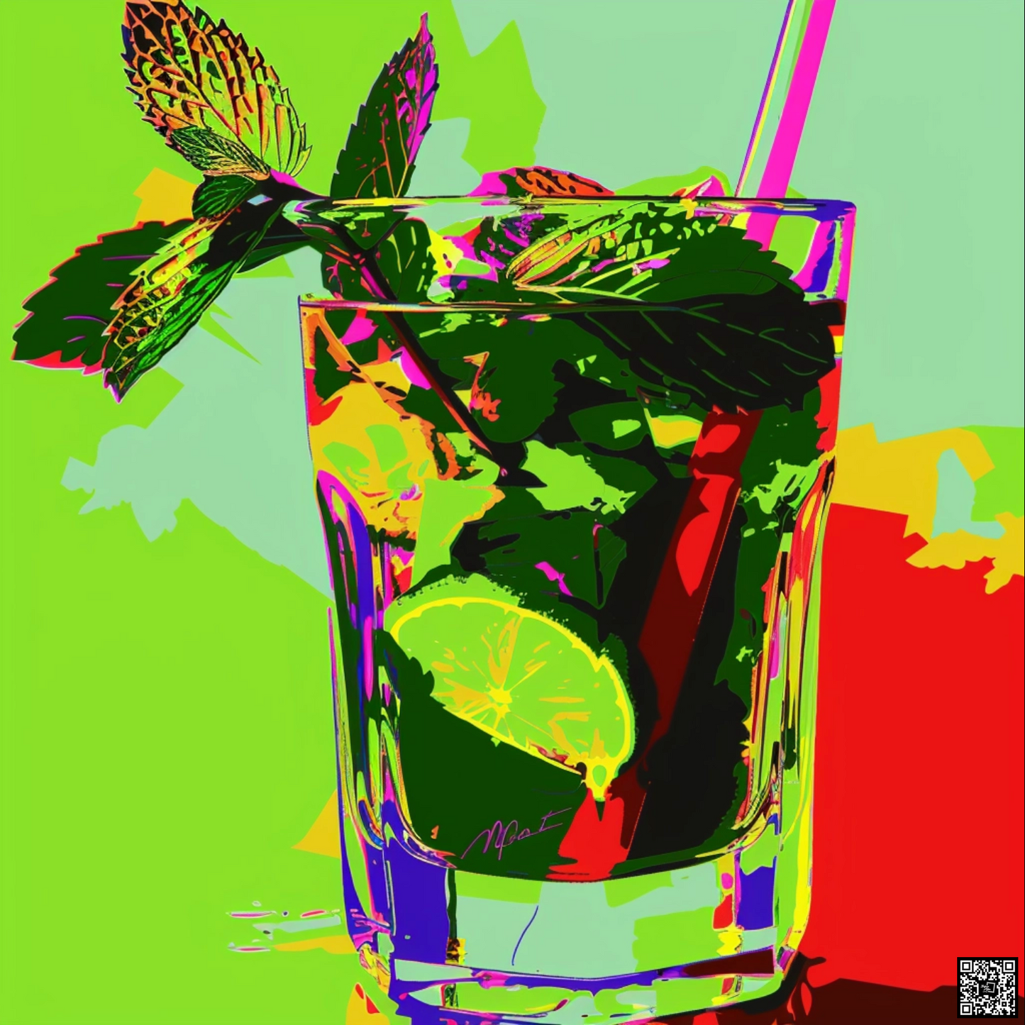 Pop art image of mojito drink bold colors Andy Warhol style stylize