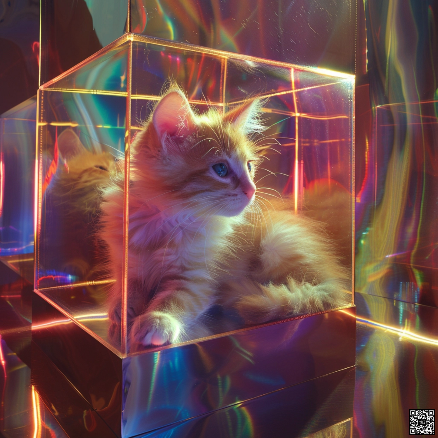 Sci fi cosmic diarama of cat animal in a resin cube