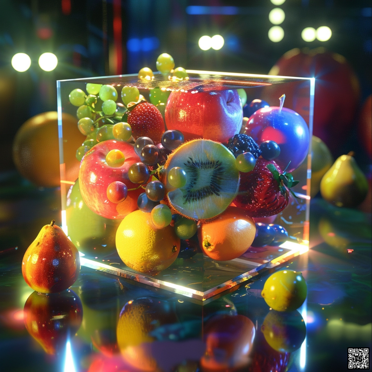 Sci fi cosmic diarama of fruits in a resin cube