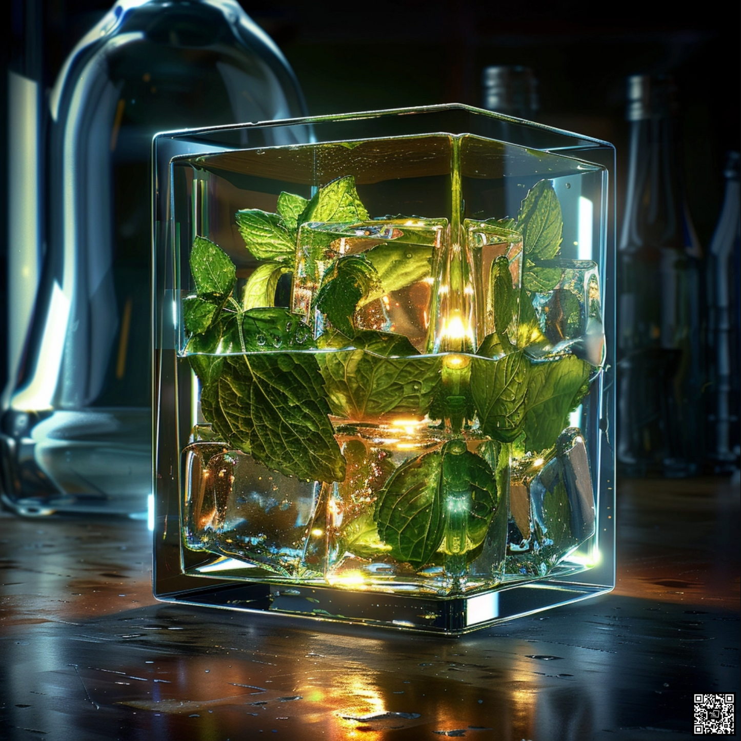 Sci fi cosmic diarama of mojito the drink in a resin cube