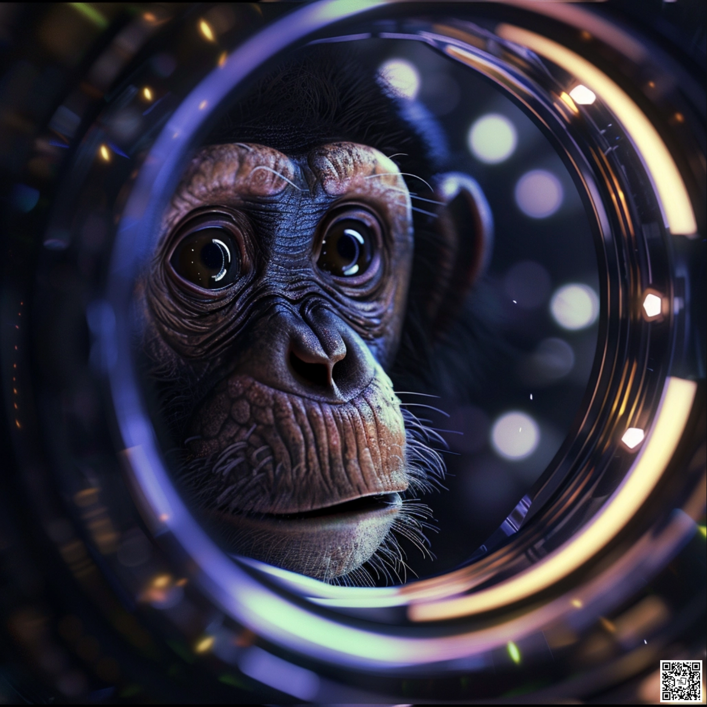 Sci fi cosmic diarama of monkey animal in a resin cube