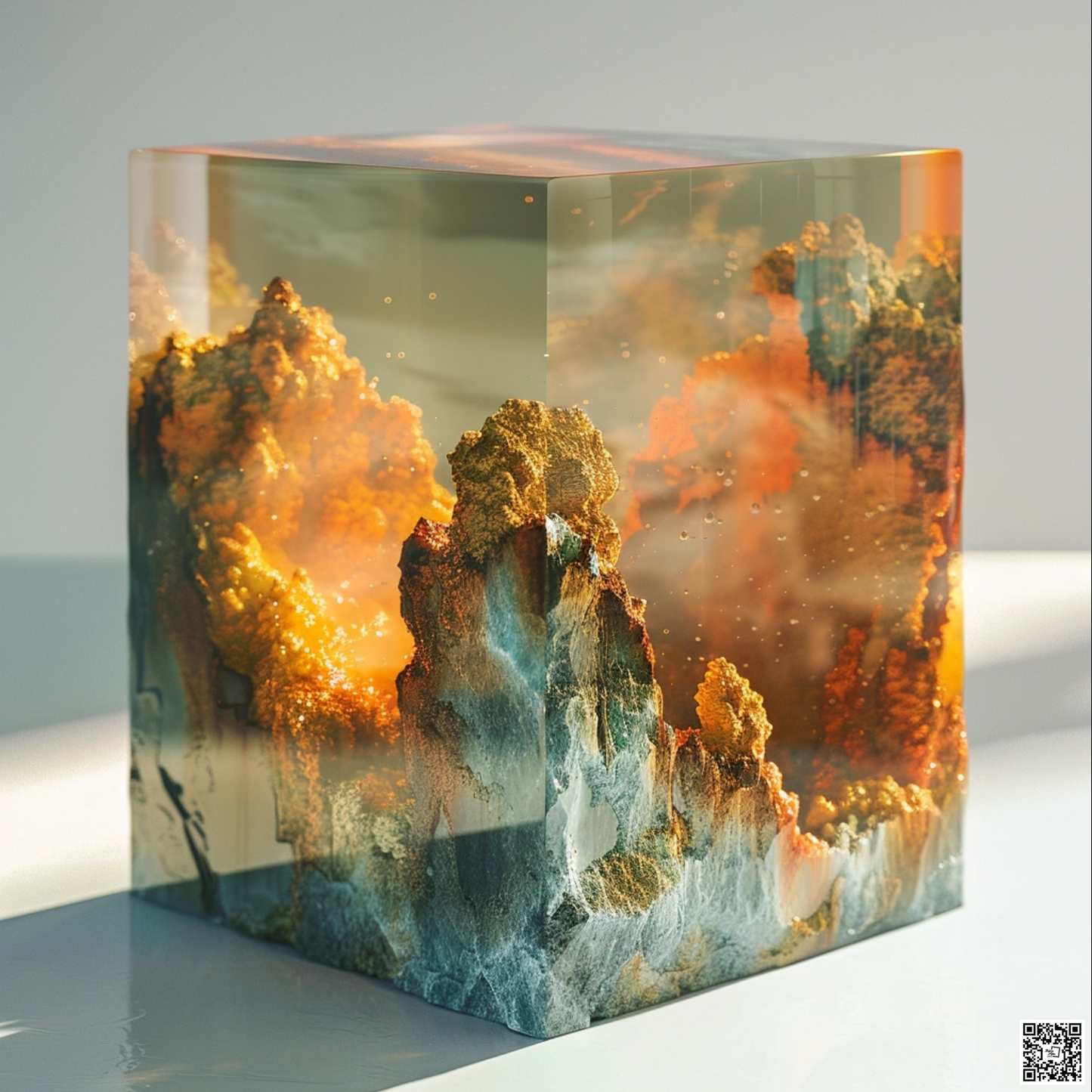 sci fi cosmic diarama of mountain nature in a resin cube