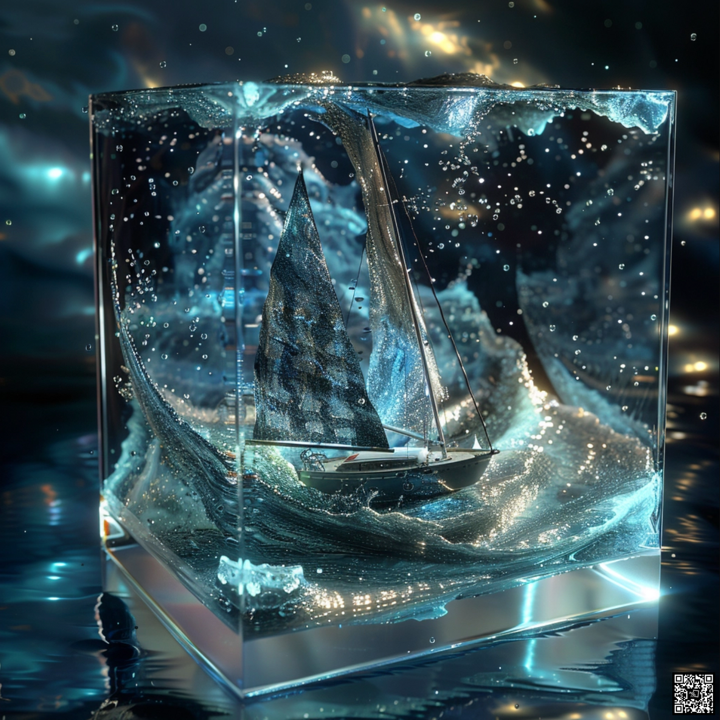 Sci fi cosmic diarama of sailboat in a resin cube