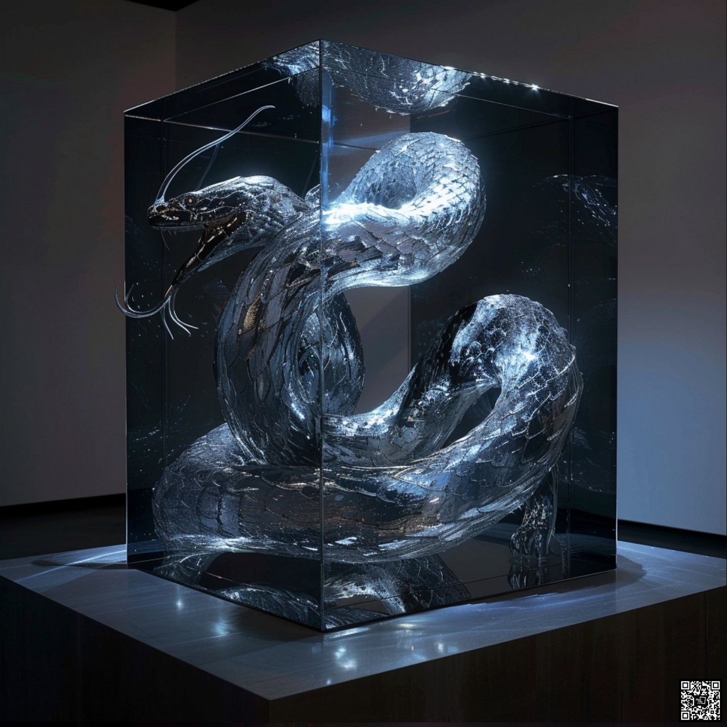 Sci fi cosmic diarama of snake animal in a resin cube