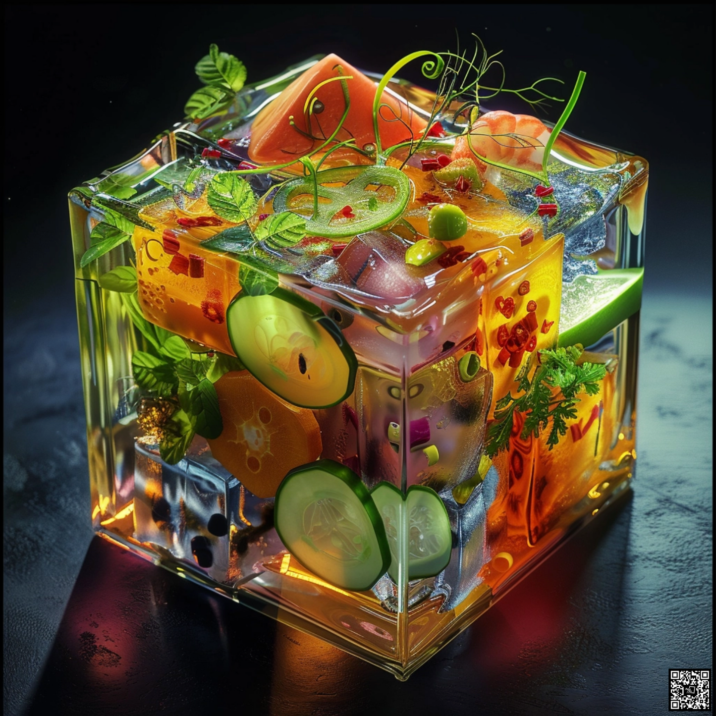 Sci fi cosmic diarama of thai food in a resin cube