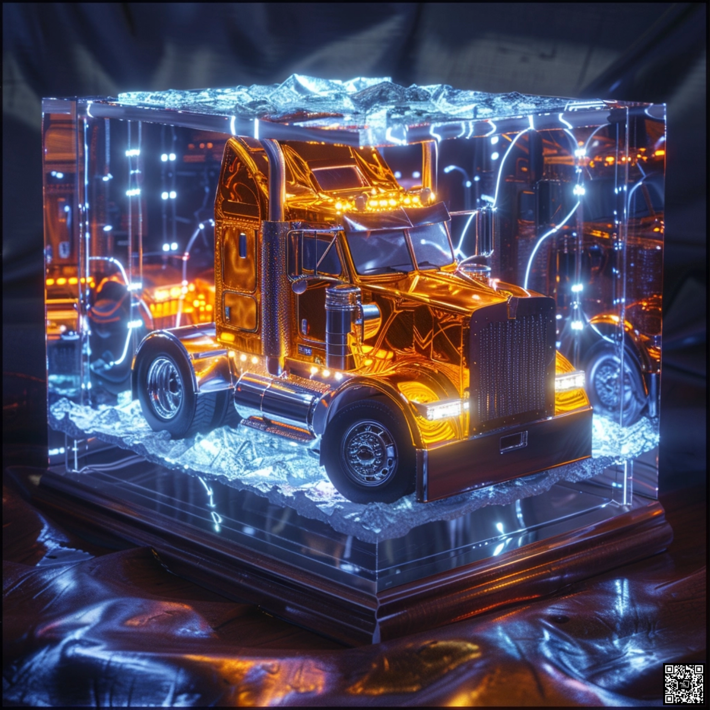 Sci fi cosmic diarama of trucks in a resin cube