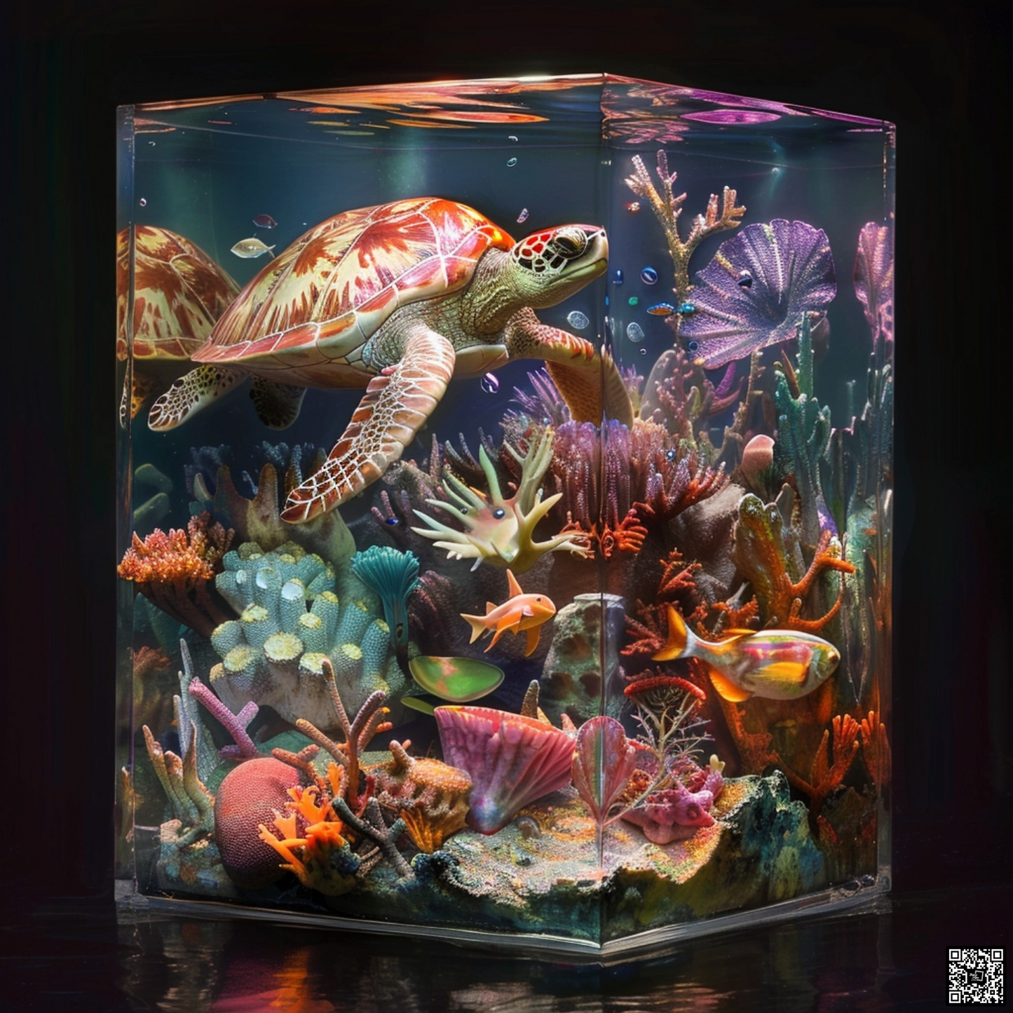 Sci fi cosmic diarama of turtle animal in a resin cube