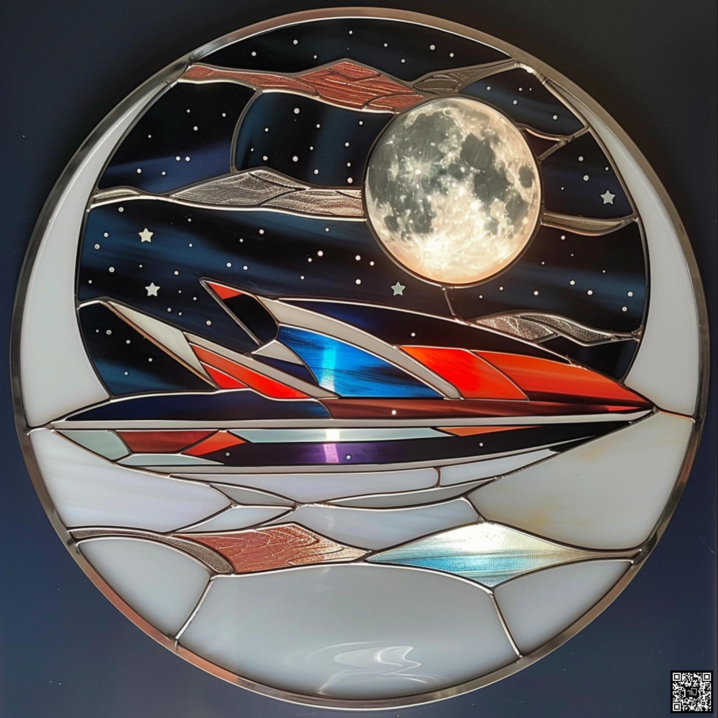 Stained glass window of jetski under the moon