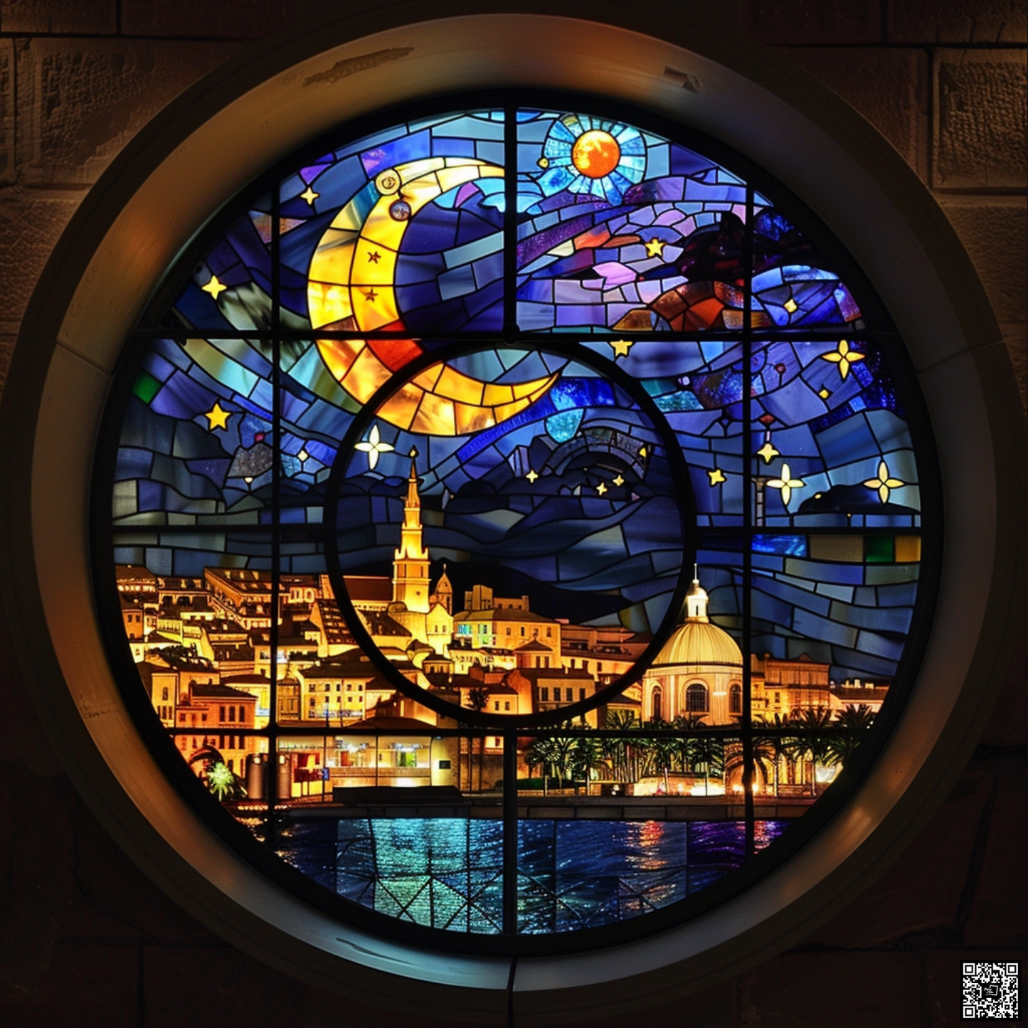 Stained glass window of Marseille under the moon