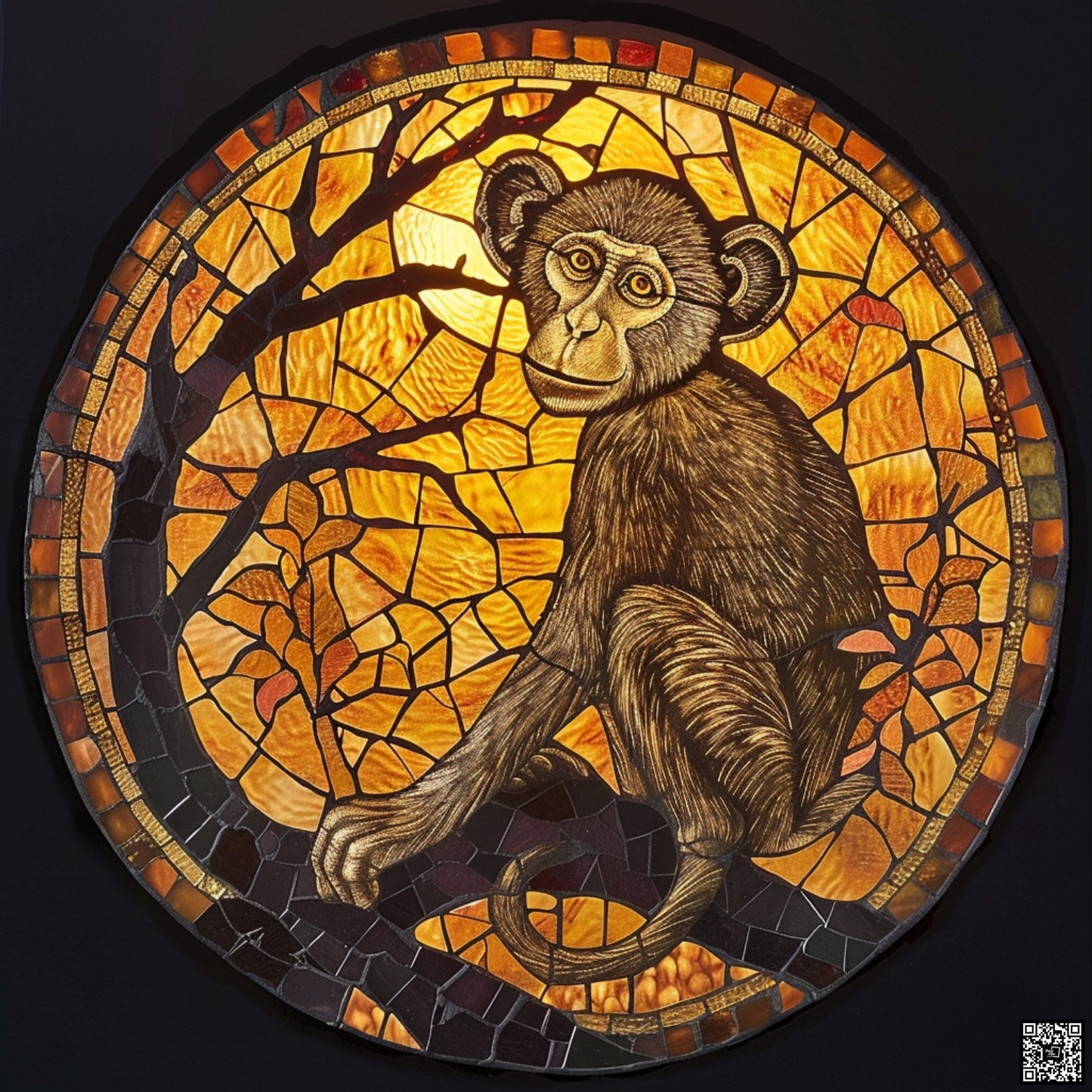 Stained glass window of monkey animal under the moon