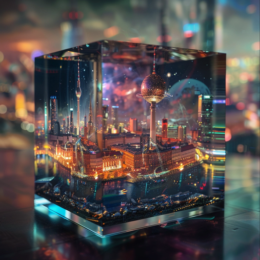 Sci fi cosmic diarama of Berlin in a resin cube