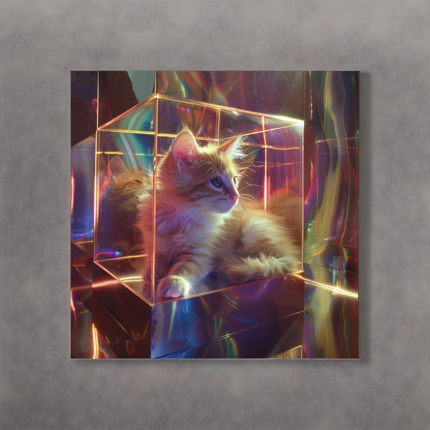 Sci fi cosmic diarama of cat animal in a resin cube