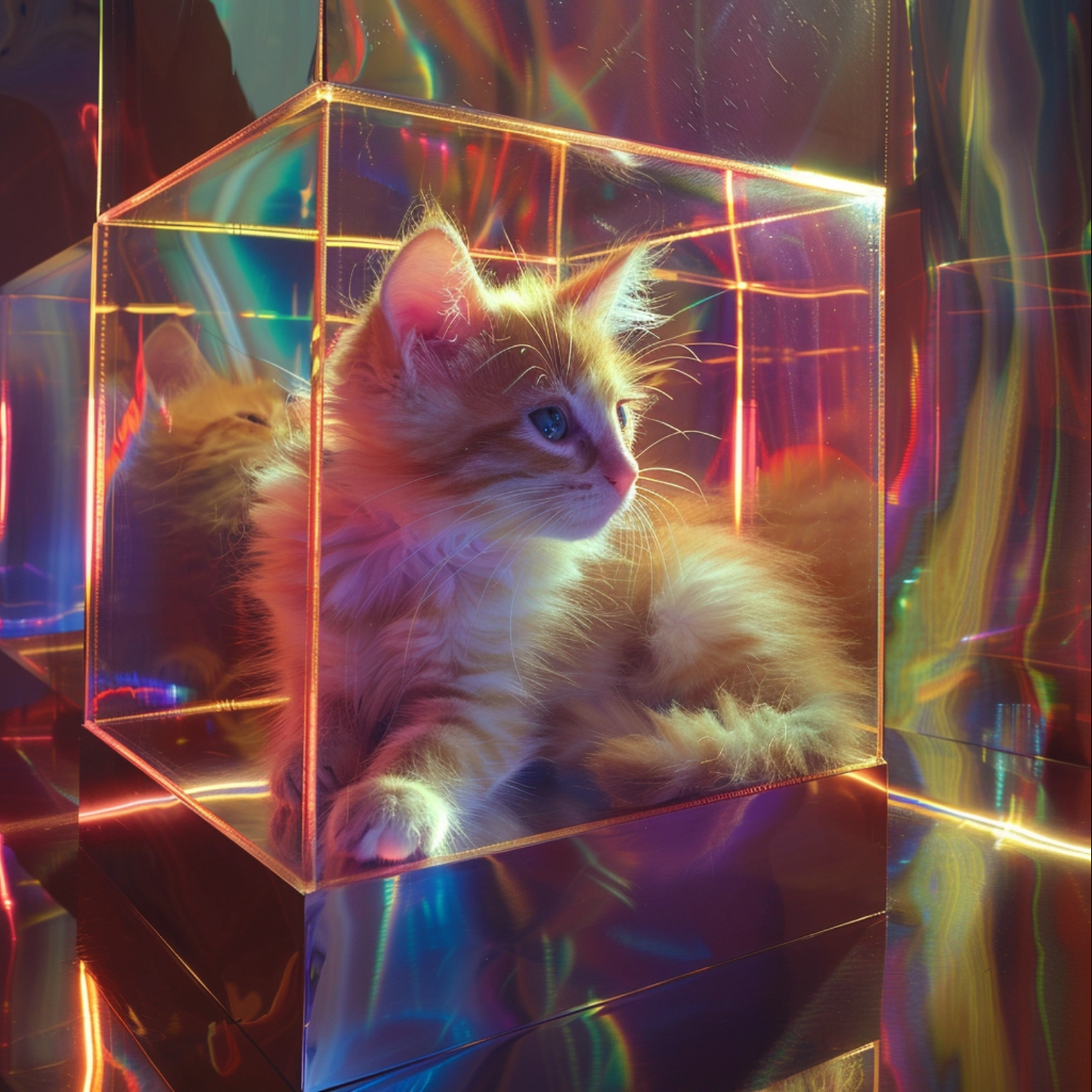 Sci fi cosmic diarama of cat animal in a resin cube