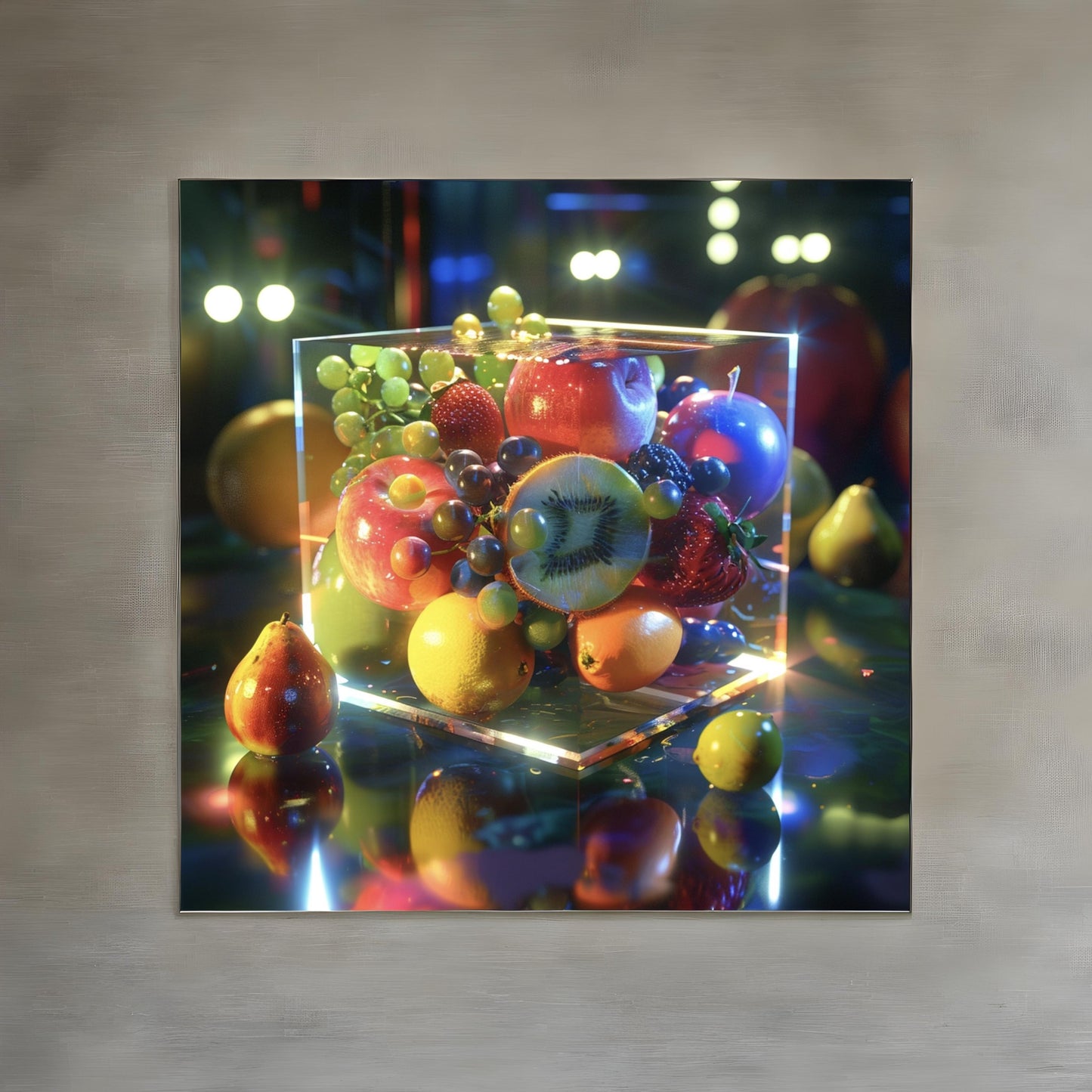 Sci fi cosmic diarama of fruits in a resin cube