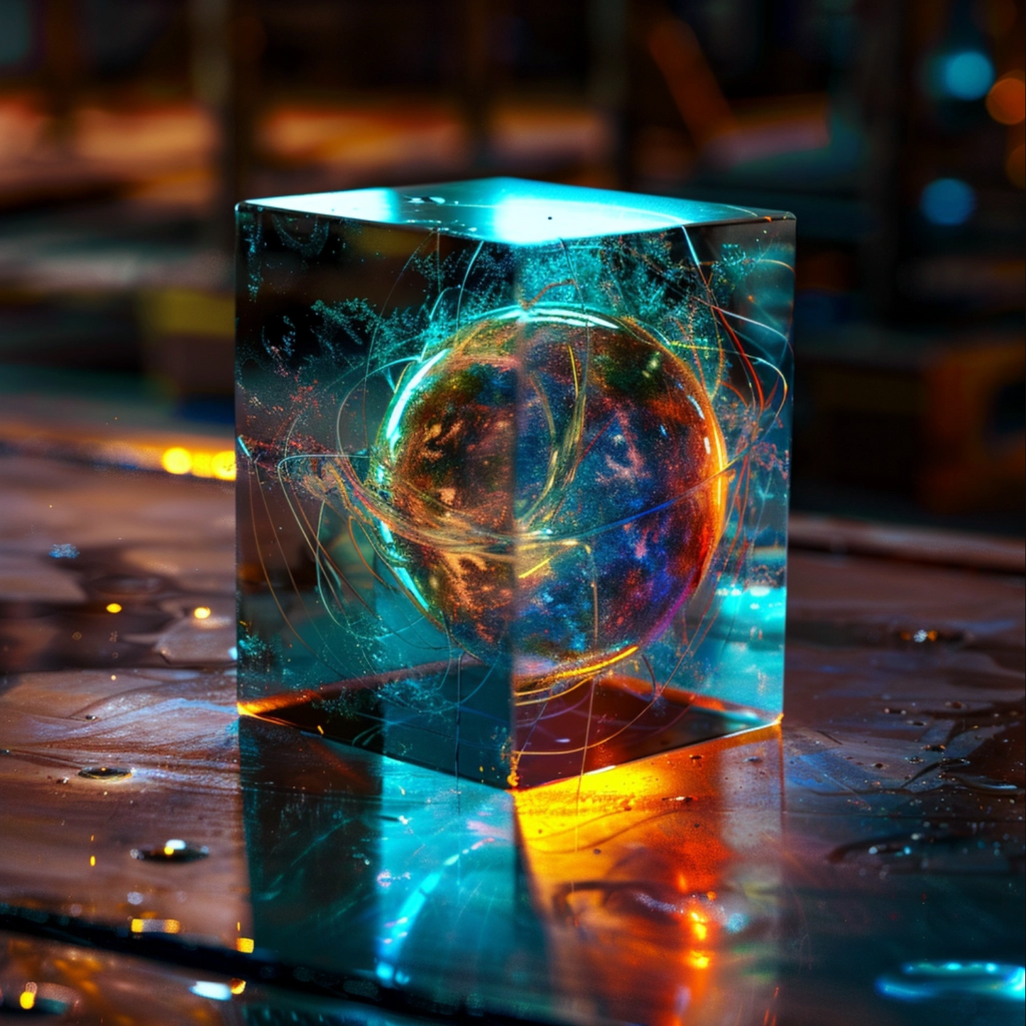 Sci fi cosmic diarama of handball in a resin cube