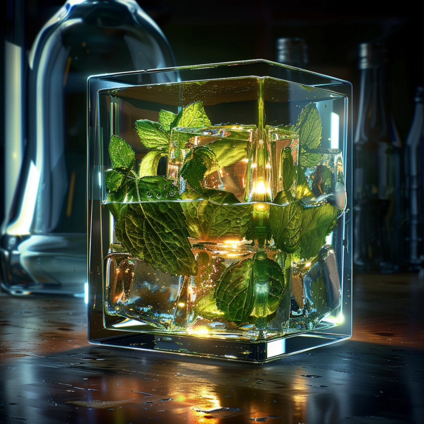 Sci fi cosmic diarama of mojito the drink in a resin cube