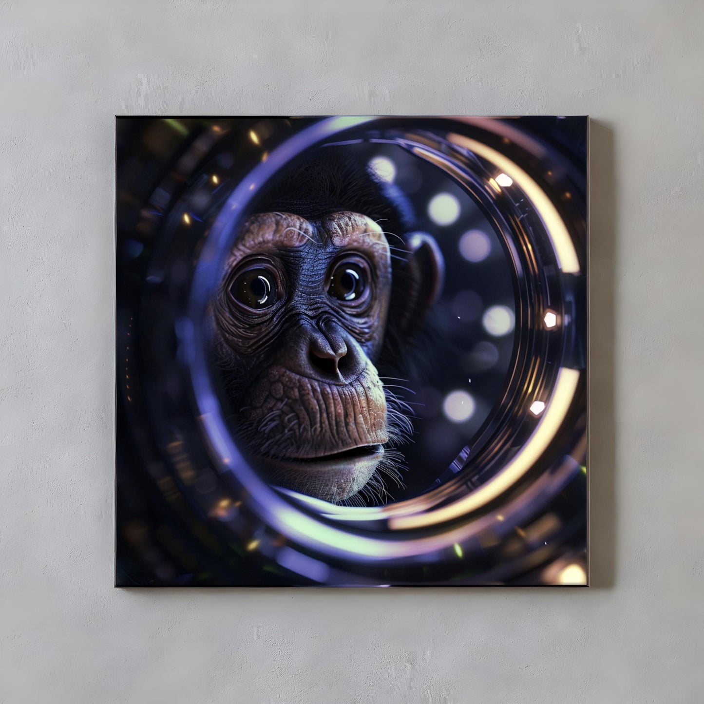 Sci fi cosmic diarama of monkey animal in a resin cube