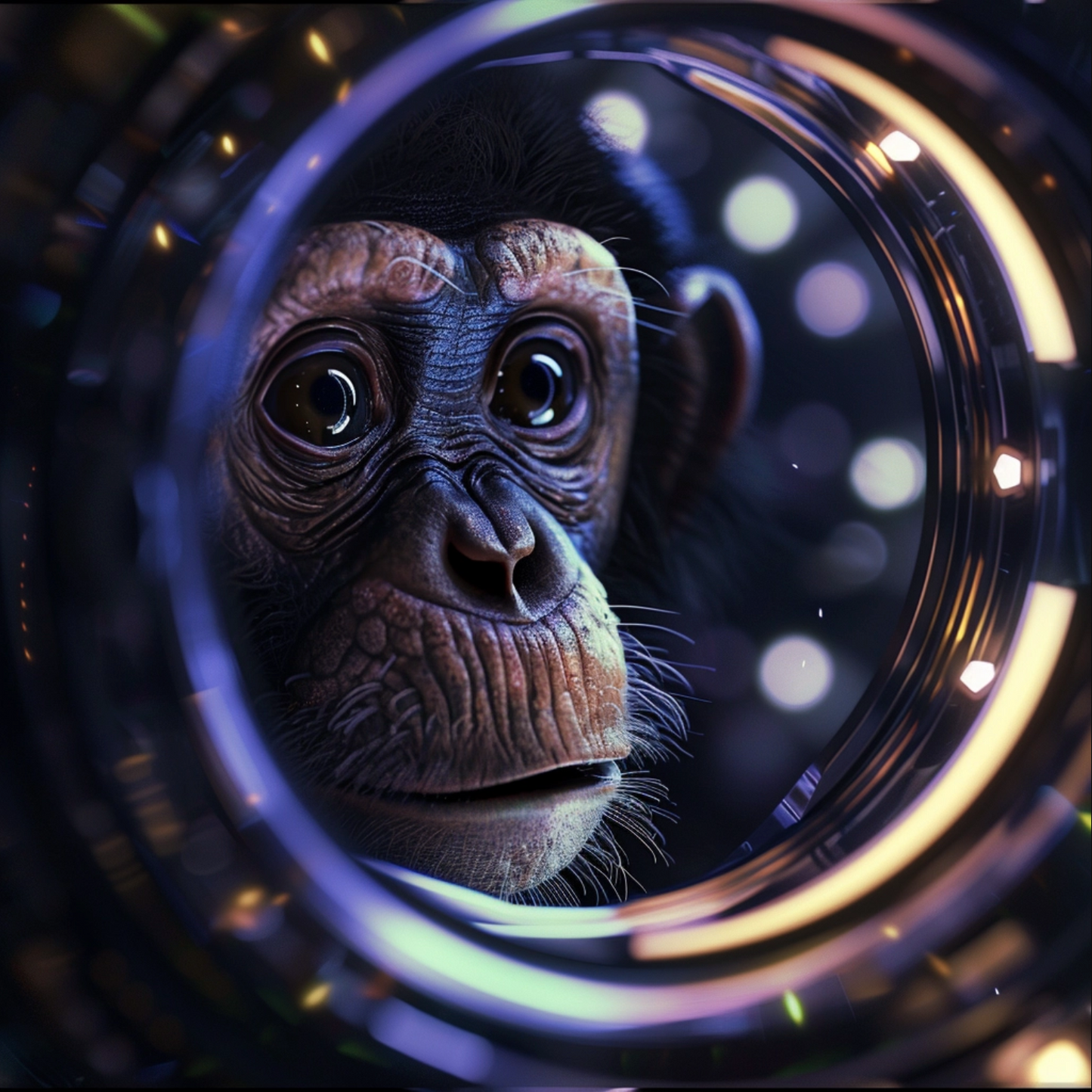 Sci fi cosmic diarama of monkey animal in a resin cube