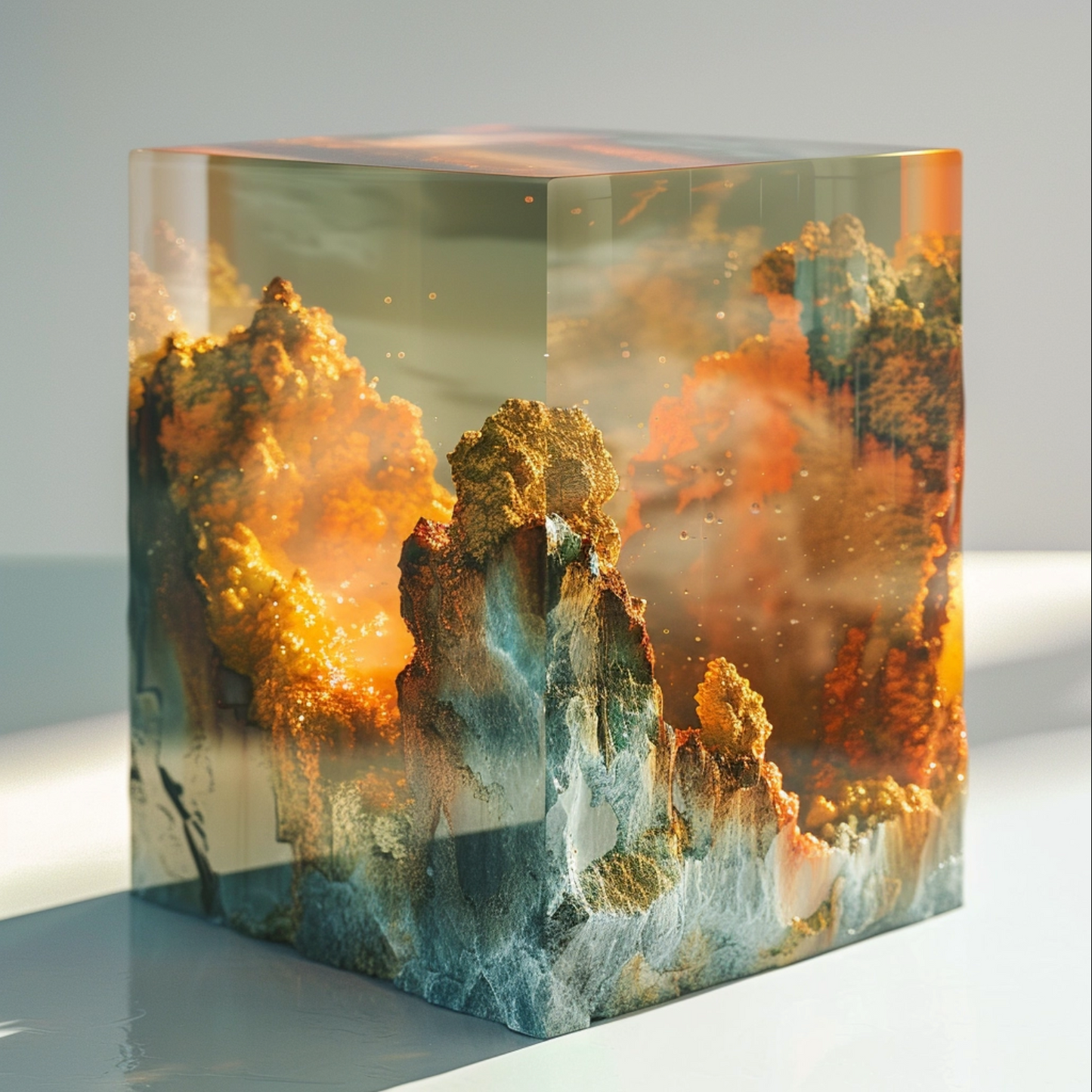 sci fi cosmic diarama of mountain nature in a resin cube