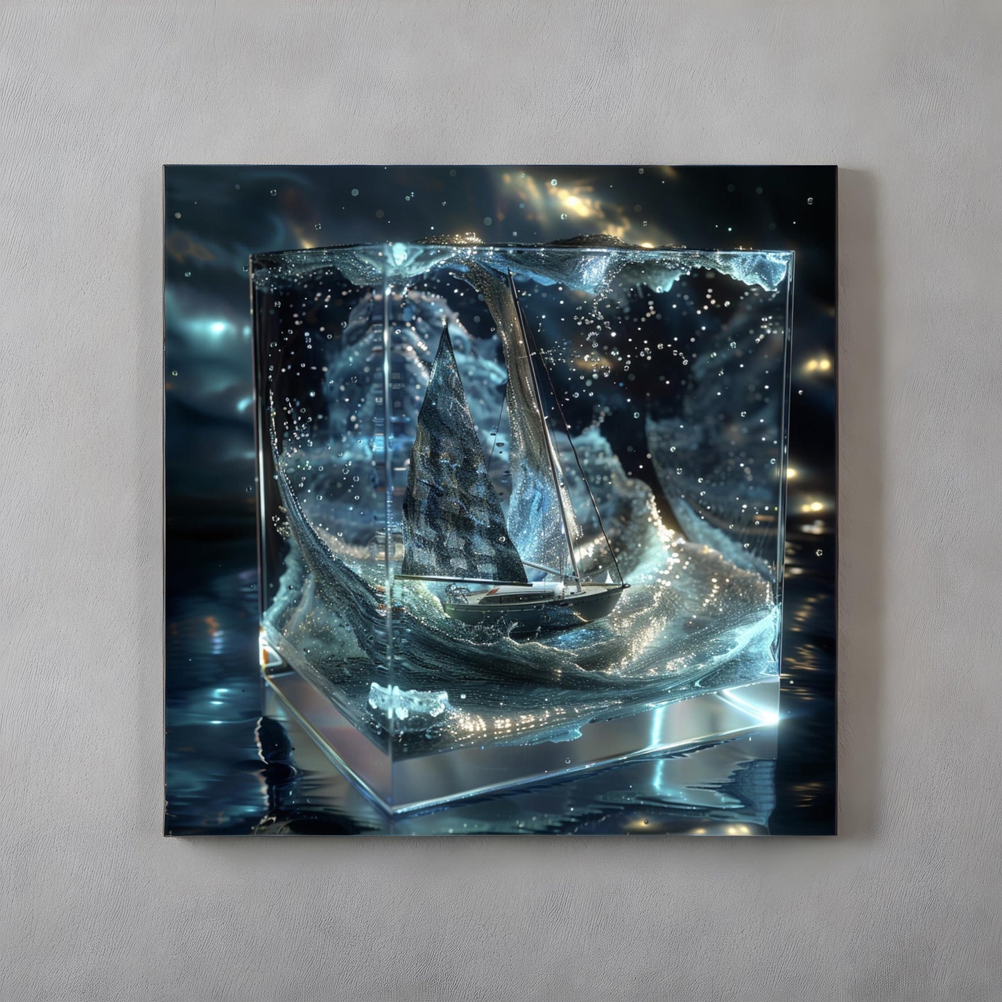 Sci fi cosmic diarama of sailboat in a resin cube