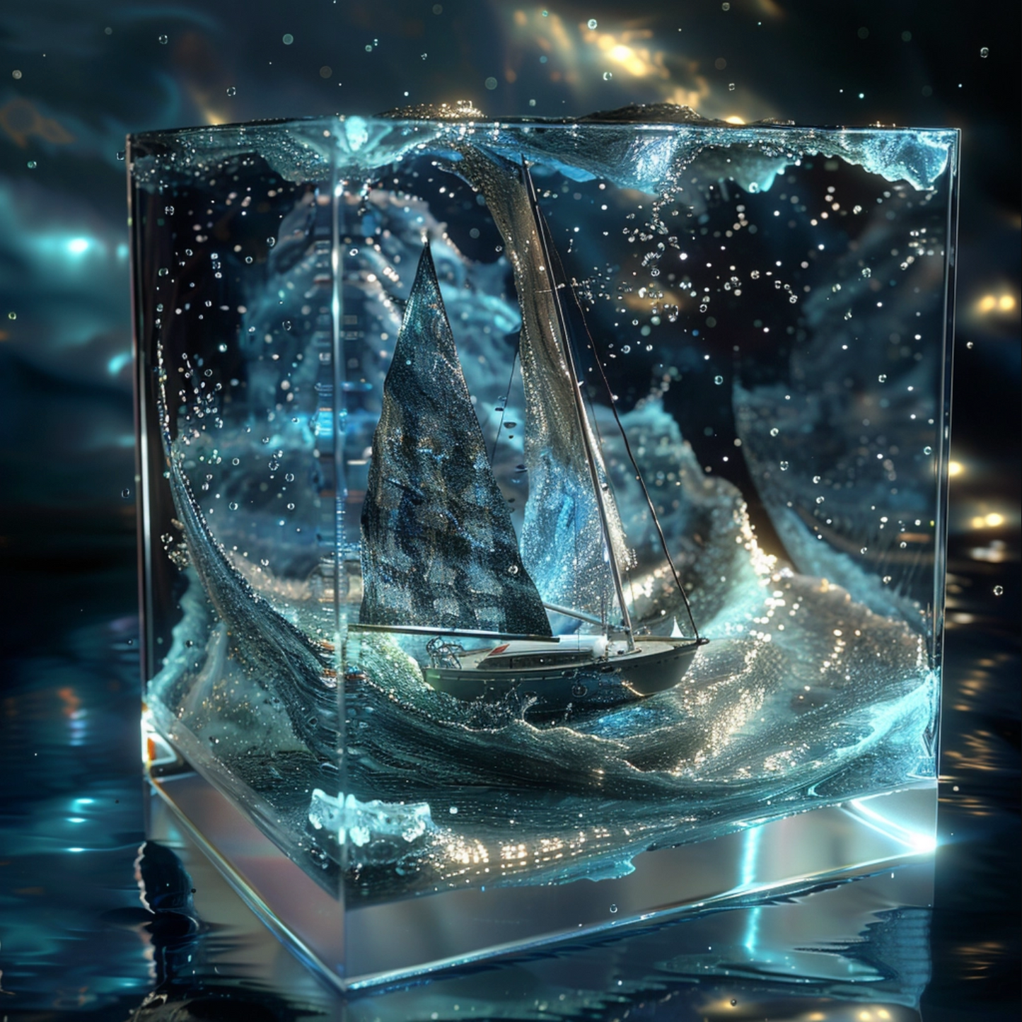 Sci fi cosmic diarama of sailboat in a resin cube