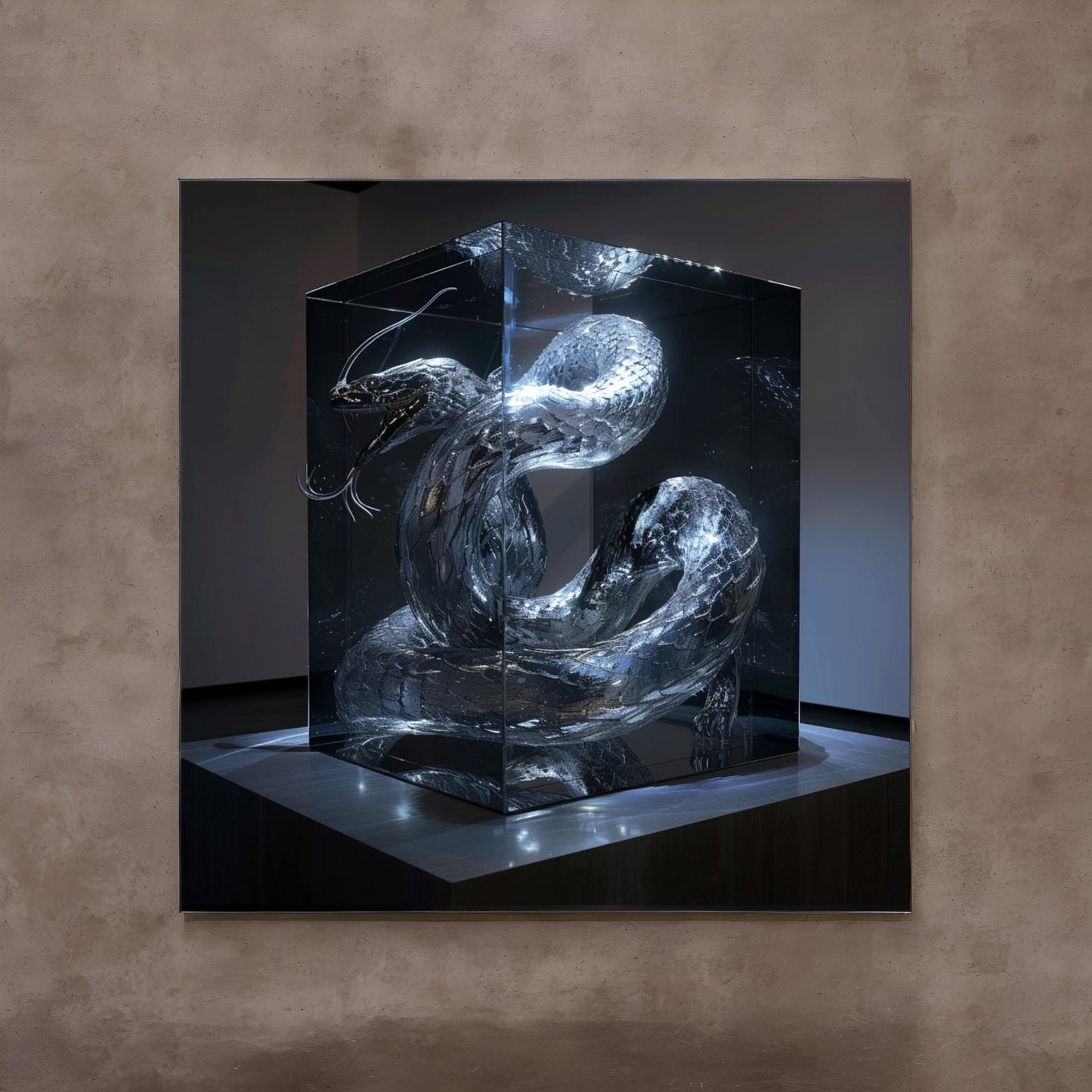 Sci fi cosmic diarama of snake animal in a resin cube