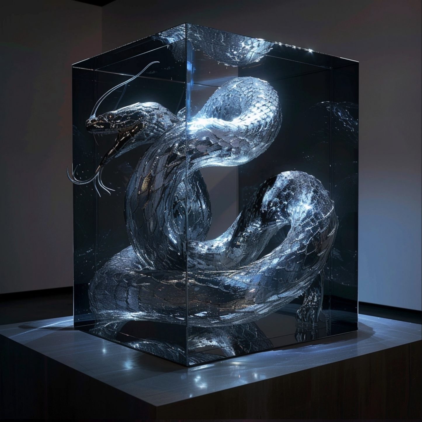 Sci fi cosmic diarama of snake animal in a resin cube