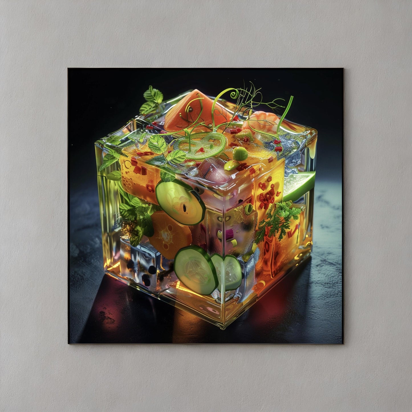 Sci fi cosmic diarama of thai food in a resin cube