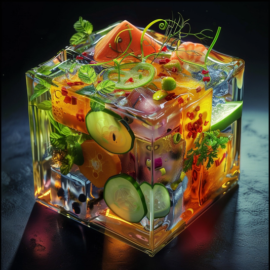 Sci fi cosmic diarama of thai food in a resin cube