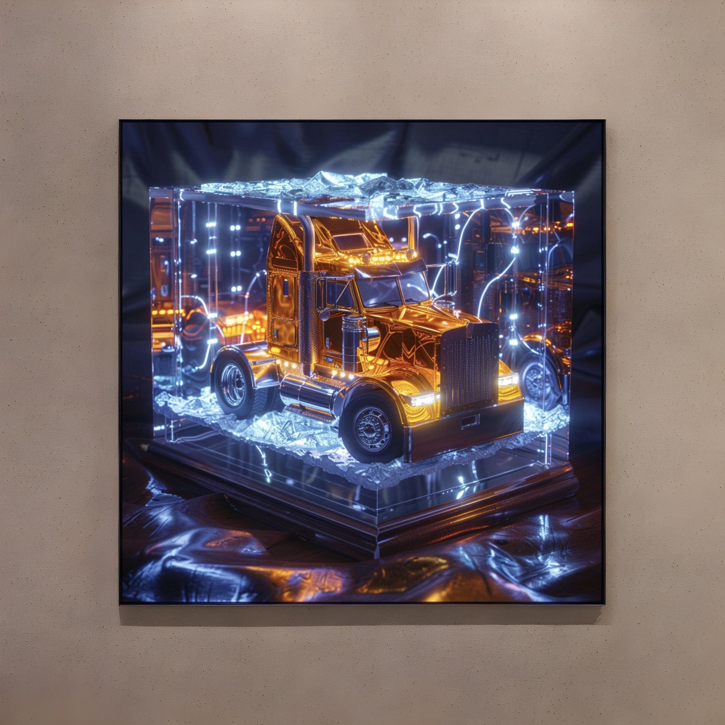 Sci fi cosmic diarama of trucks in a resin cube