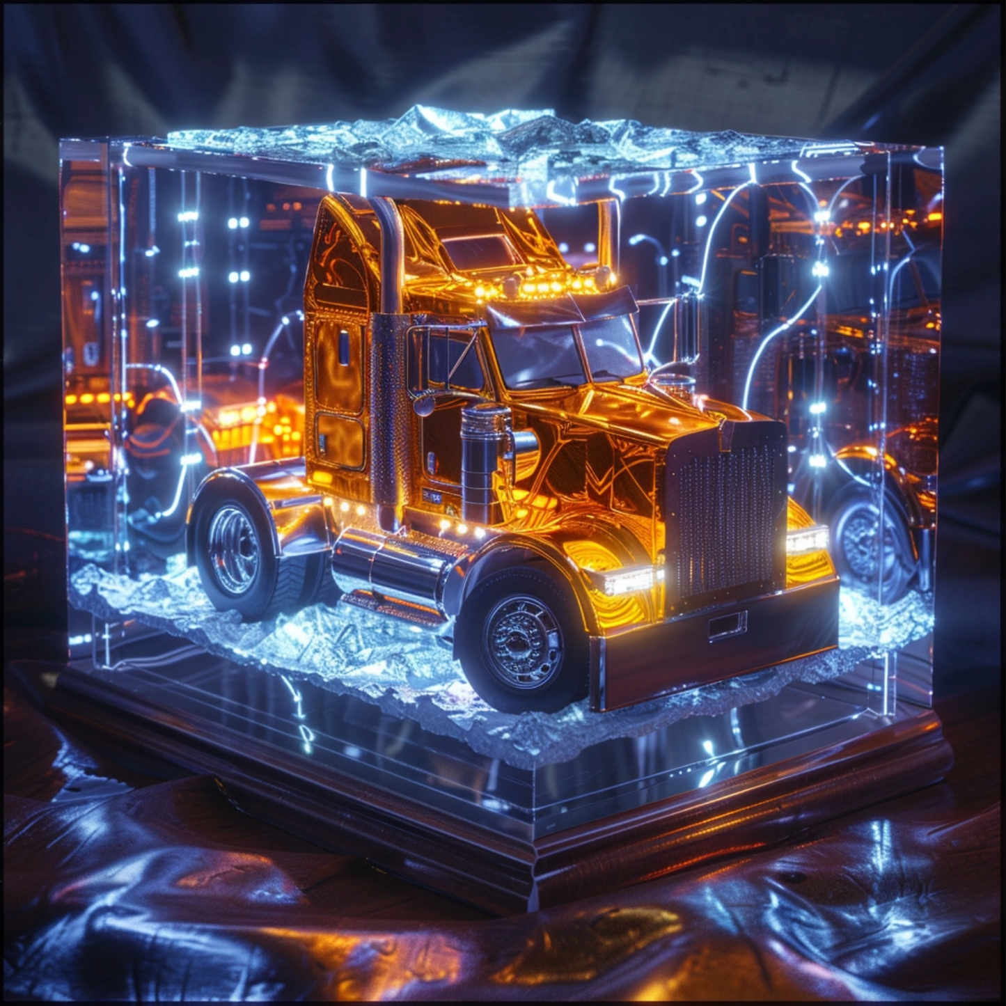 Sci fi cosmic diarama of trucks in a resin cube