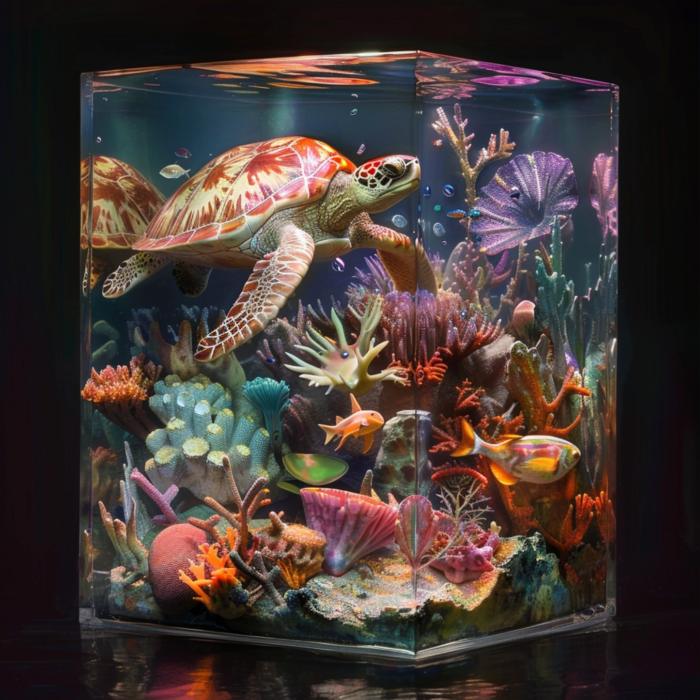 Sci fi cosmic diarama of turtle animal in a resin cube