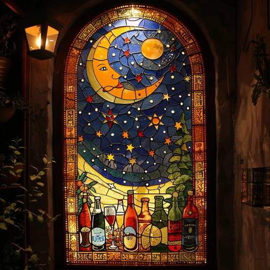 Stained glass window of beers under the moon