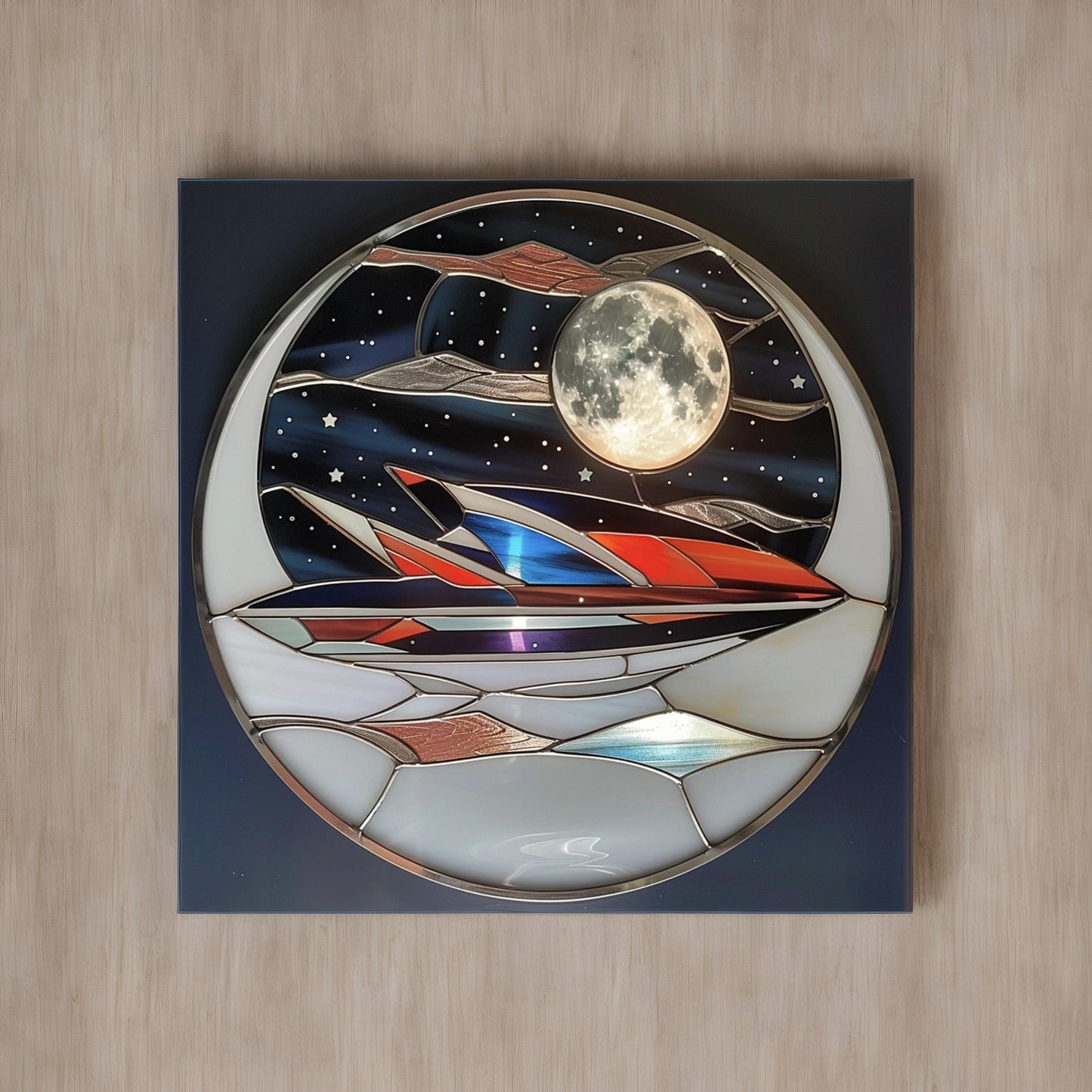 Stained glass window of jetski under the moon