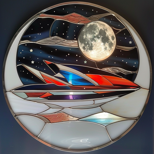 Stained glass window of jetski under the moon