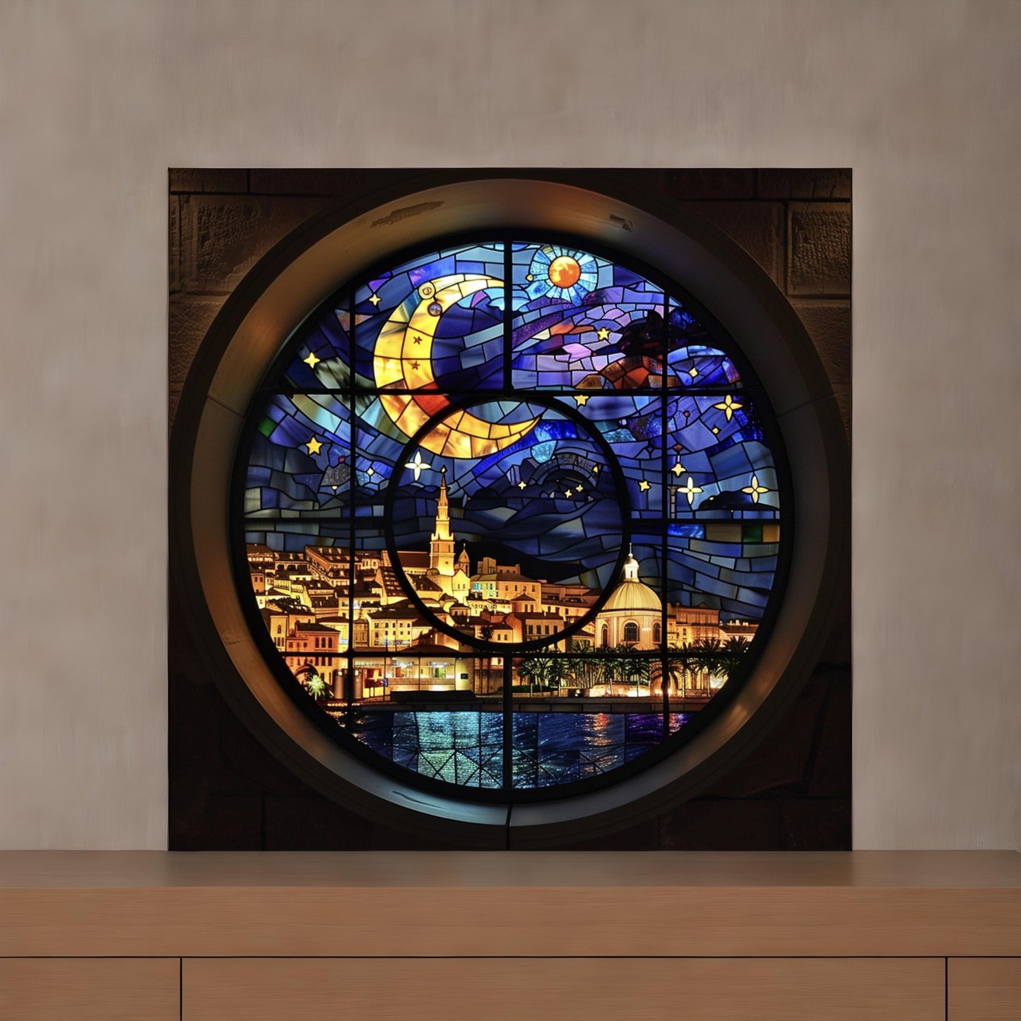 Stained glass window of Marseille under the moon