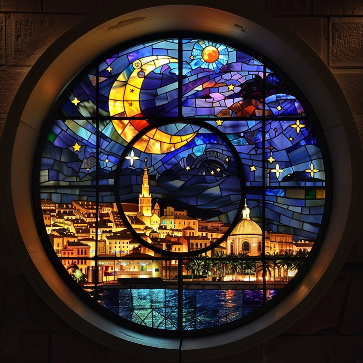 Stained glass window of Marseille under the moon