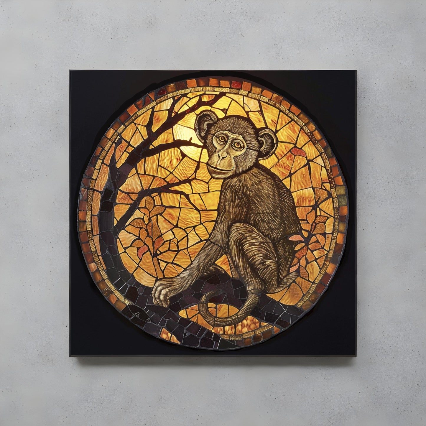 Stained glass window of monkey animal under the moon