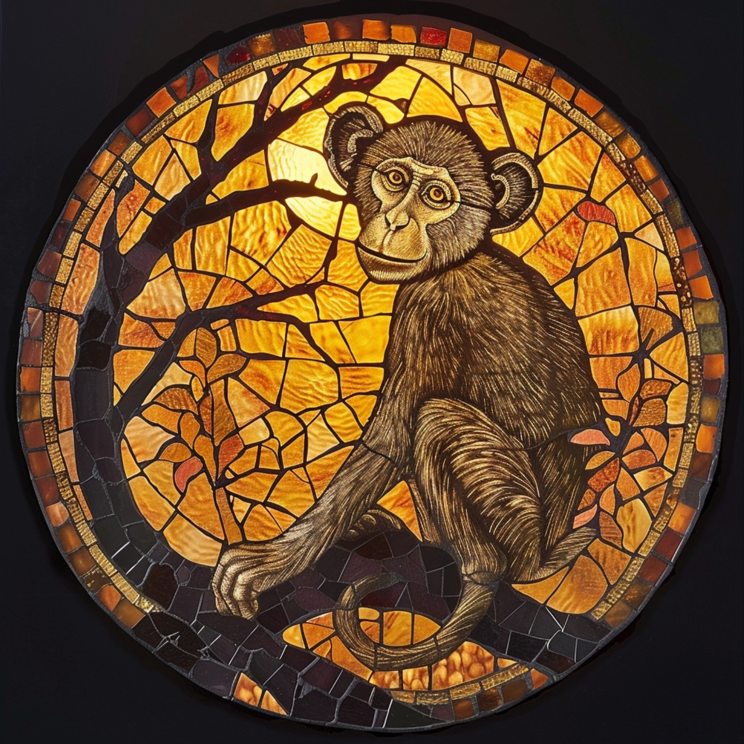 Stained glass window of monkey animal under the moon