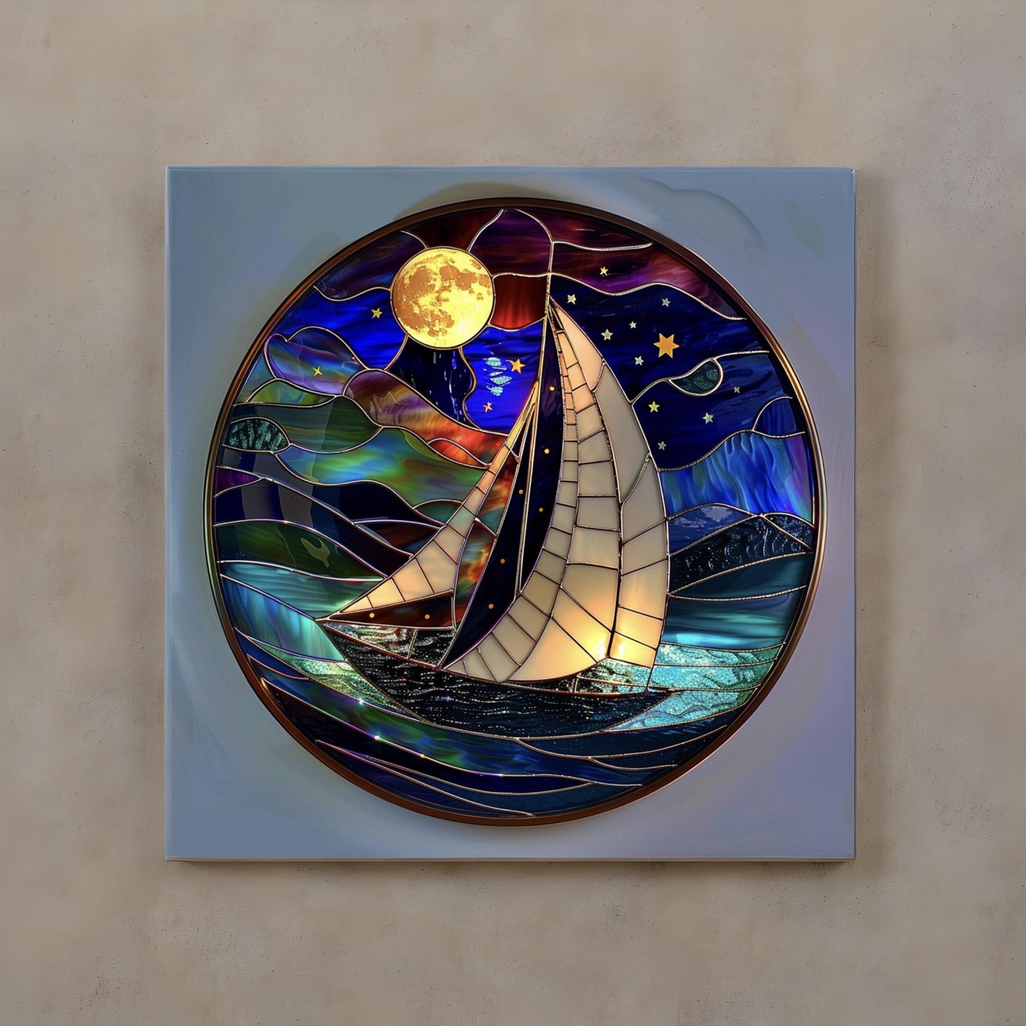 Stained glass window of yacht under the moon