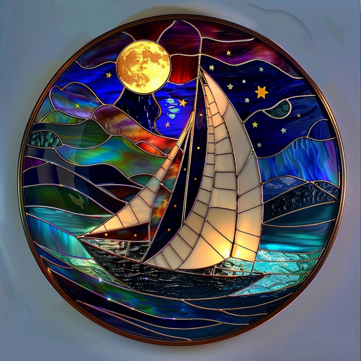 Stained glass window of yacht under the moon