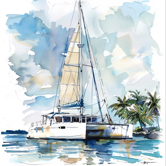 Watercolor sketch of catamaran