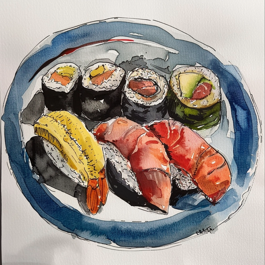 Watercolor sketch of sushi